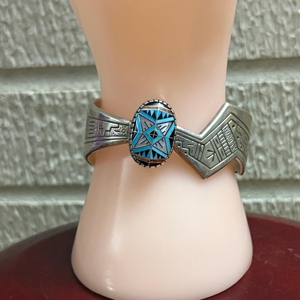 Sterling RMT X Carolyn Pollack Relios Morning Star Genuine Stone Inlay Cuff EUC